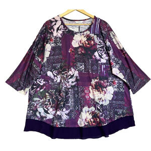 CJ Banks Top Womens 3X Dark Floral Purple Sheer Hem Short Sleeve Career Blouse